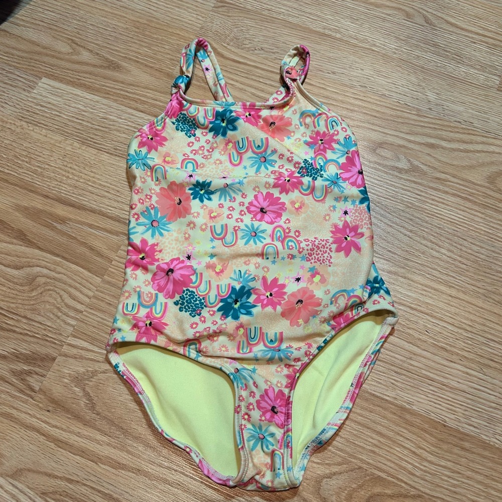 Cat & Jack Girls Rainbow Floral One Piece Swimsuit Yellow Size M 8 Crisscross